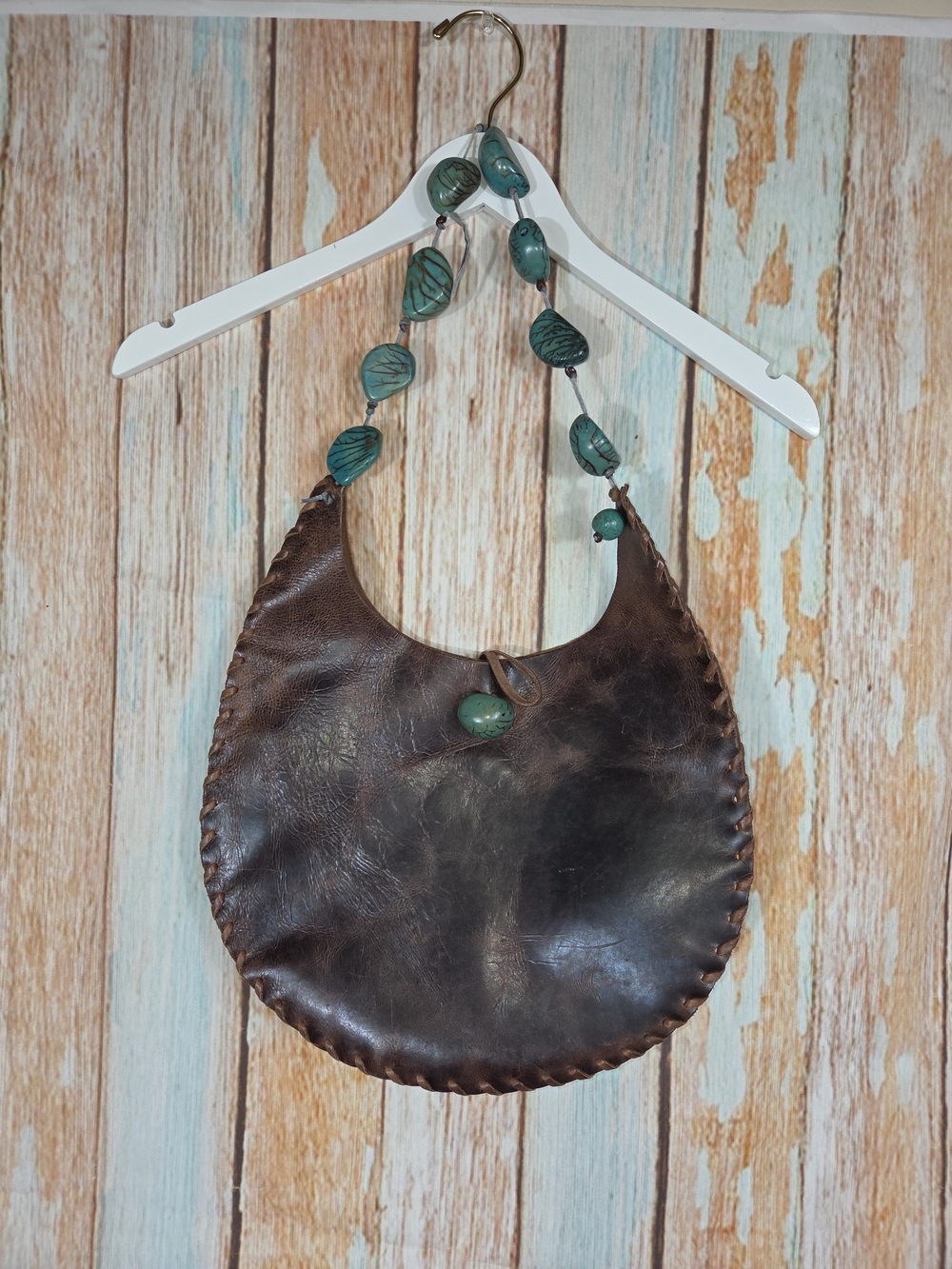 Sulay Rodriguez Artisan Brown Leather Crescent Bag with Green Bead Stone Strap
